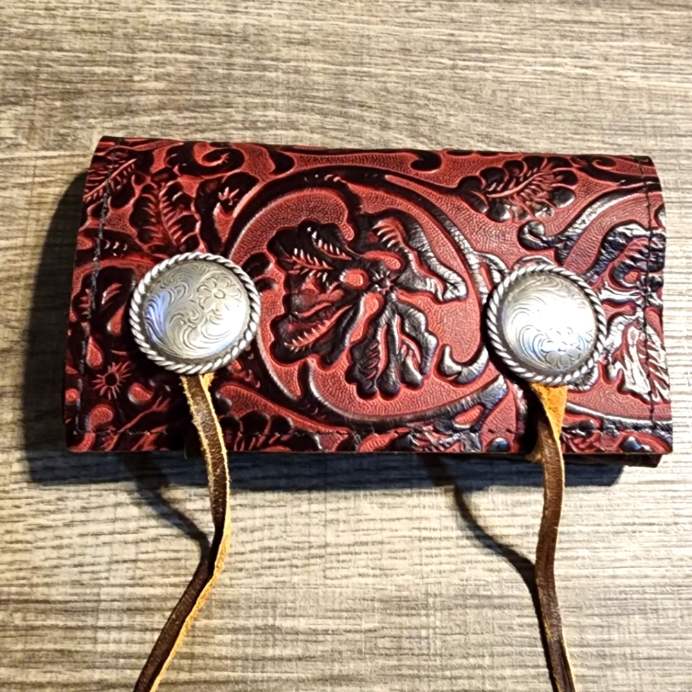 Red Brown Embossed Leather Tobacco Pouch